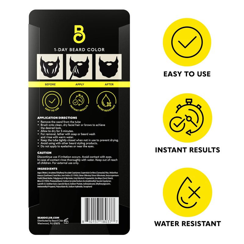 The Beard Club 1 Day Temporary Beard Dye for Men - Dark Brown Beard, Mustache & Eyebrow Color for a Fuller, Well-Defined Look, Water & Sweat Resistant, Up to 30 Applications, 0.3 fl oz