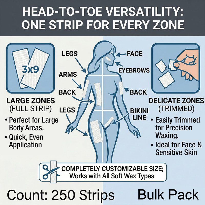 APPEARUS Large Non-Woven Waxing Strips for Body and Face - 250 Count Heavy Duty 90 GSM Hair Removal Paper - Tear-Resistant Professional Epilating Supplies for Salon Soft Wax Legs Bikini Arm