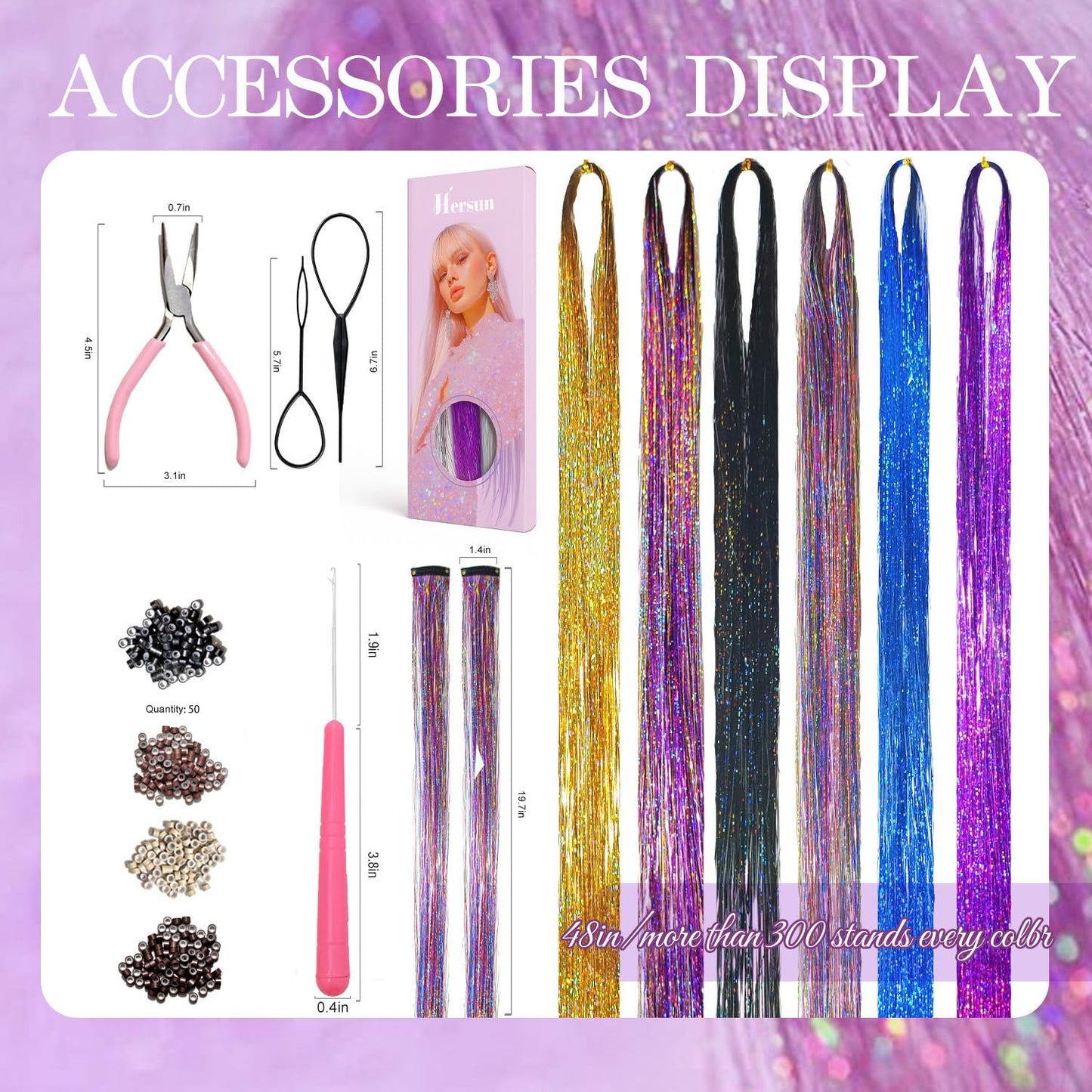 Hersun Hair Tinsel Kit - 10 Colors, 3200 Strands, 48in | Heat-Resistant Fairy Hair Extensions for Parties & Festivals