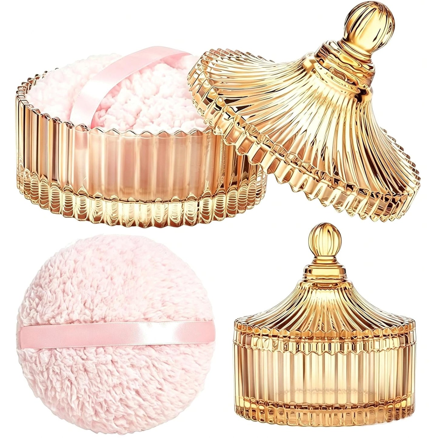 Body Powder Puff with Glass Container - 6'' Soft Washable Velour Puff for Wet & Dry Makeup | Clear Crystal Case