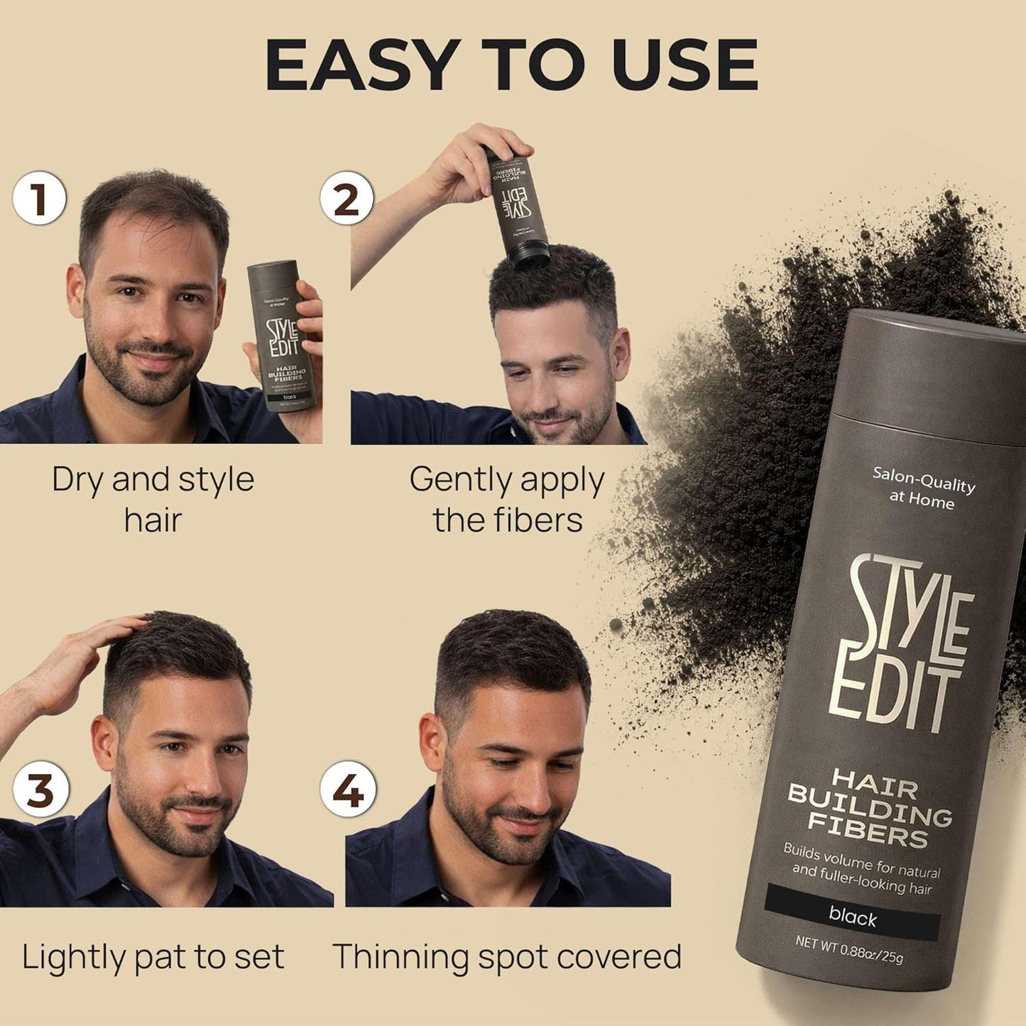 Hair Building Fibers for Thinning Hair - Plant-Based Concealer for Receding Hairlines & Bald Spots | Black 0.88oz