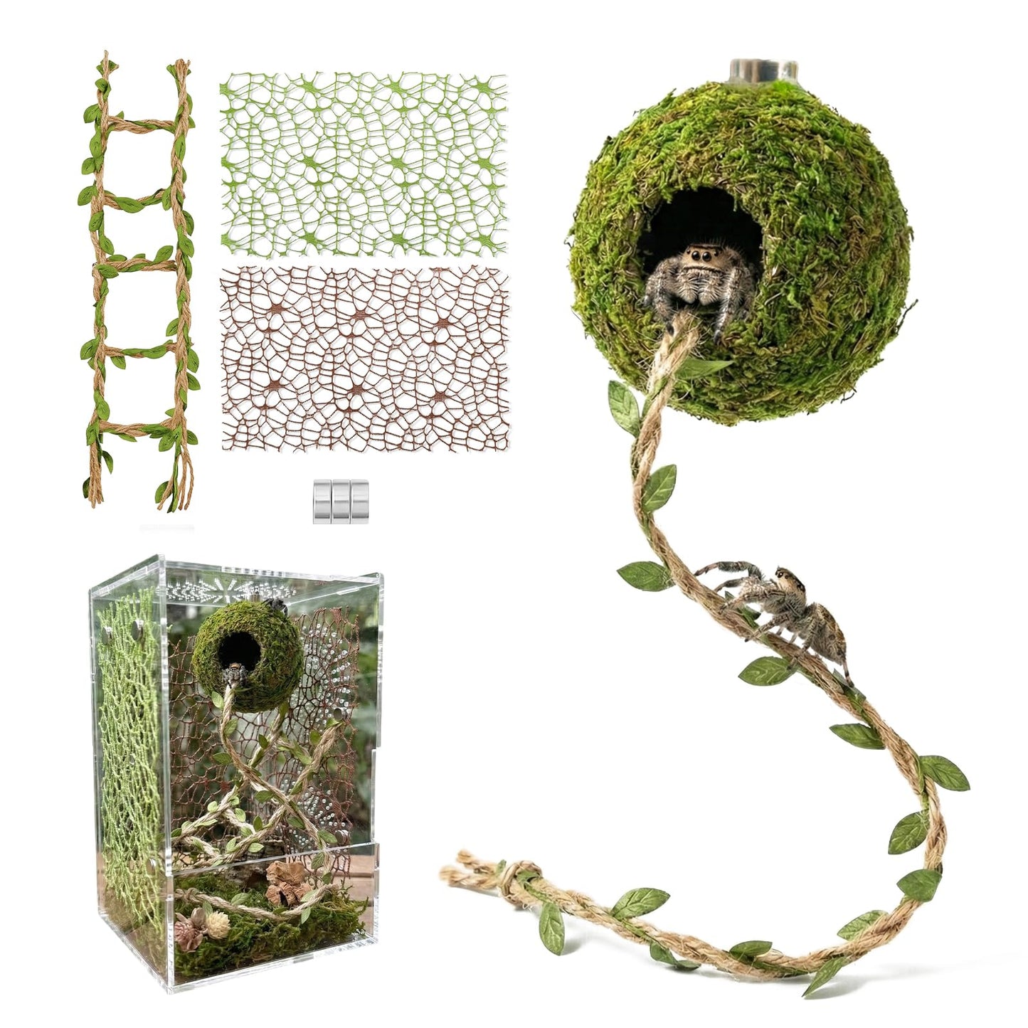 Magnetic Jumping Spider Hideout,Habitat Décor Kit - Handmade Moss Hideout with Climbing Rope,Hemp Rope Bridge,2Pcs Climbing Web& Loose Moss,Fun Enclosure Accessories for Climbing & Hiding (4.5cm)