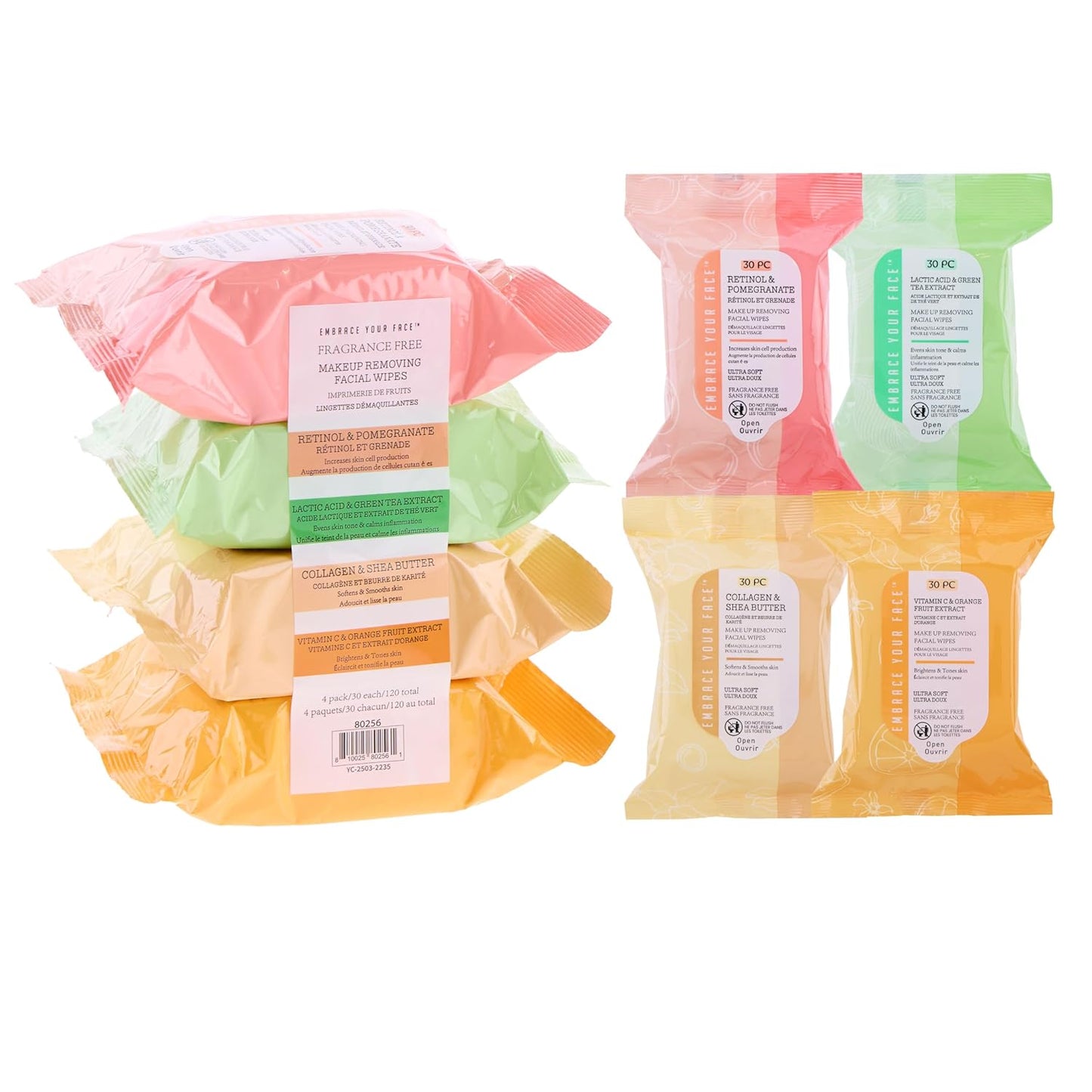 Makeup Removing Facial Wipes - 120pc Variety Pack with Watermelon, Charcoal, Vitamin C & Rose Water | Hydrating & Purifying Towelettes