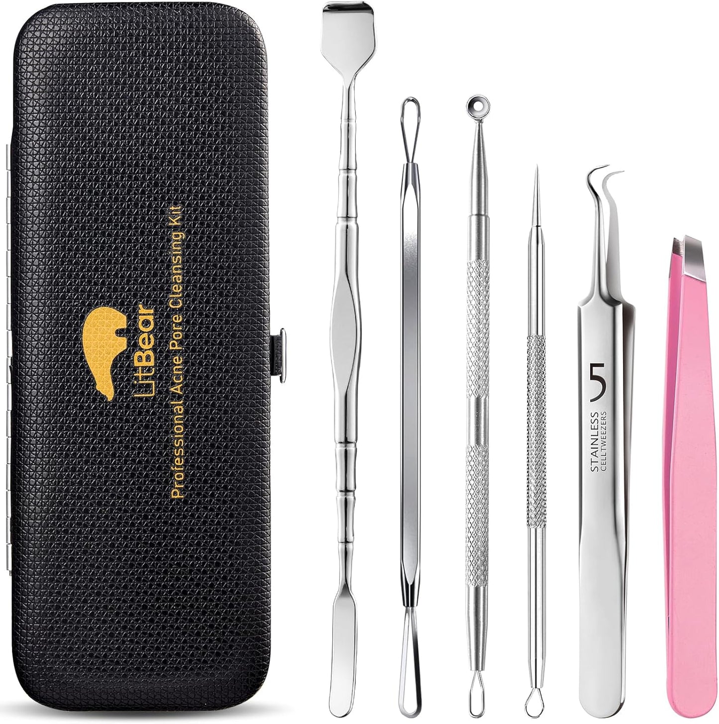Blackhead Remover Tool Kit - 6 Pcs Acne Extractor Set with Leather Case for Deep Cleansing | Pimple Popper Tools