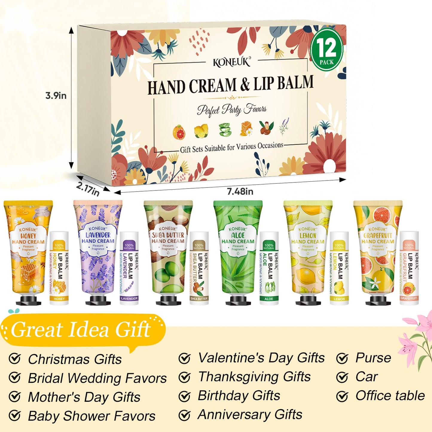 12 Pack Bulk Hand Cream and Lip Balm Set, Bulk Gifts for Women, Teacher Appreciation Gifts, Thank You Gifts, Bridal Shower Favors, Bridesmaid Gifts, Wedding Shower Favors and Small Gifts for Guests