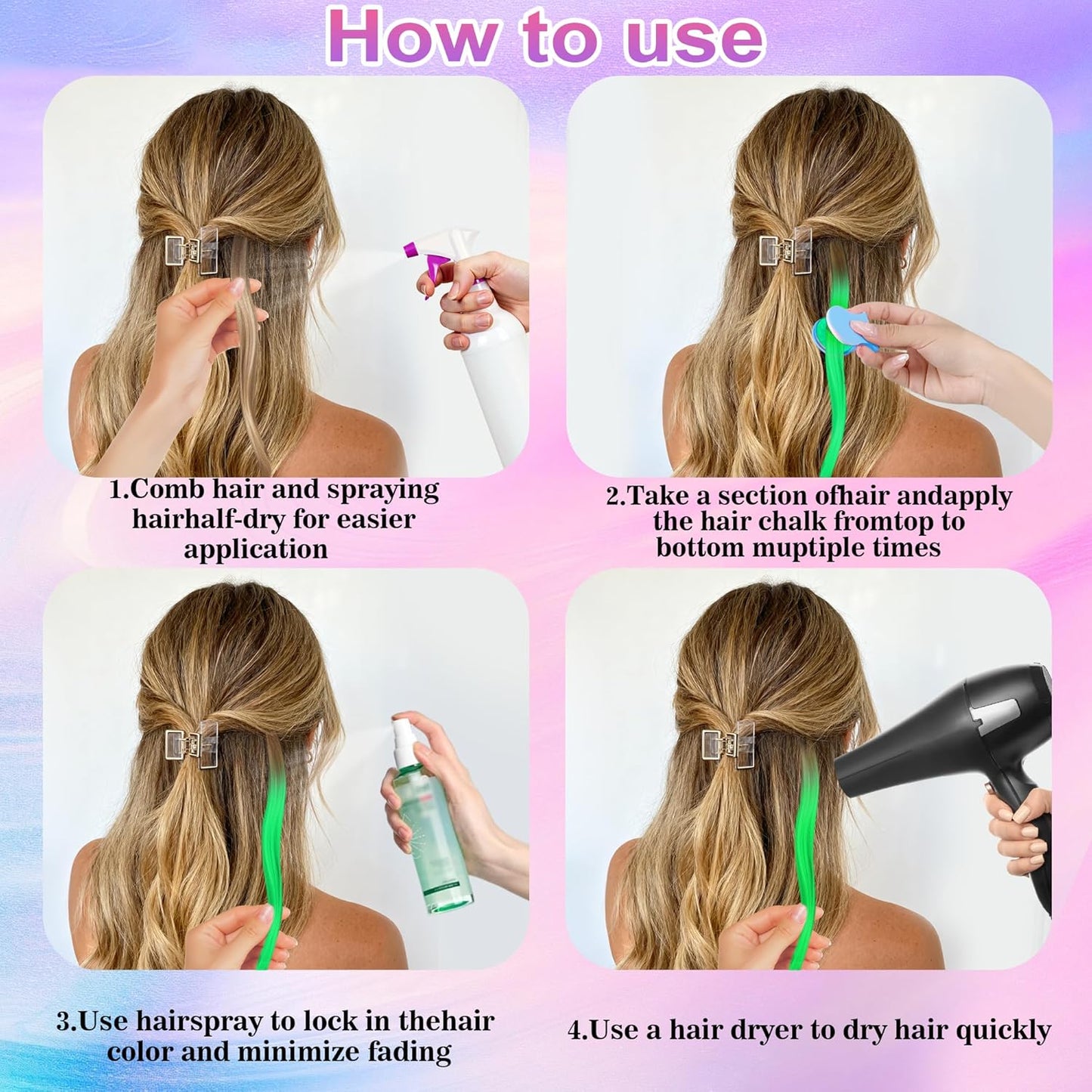 Temporary Hair Chalk - UV Glow Neon Hair Dye Kit for Women | 10 Washable Colors for Parties & Cosplay