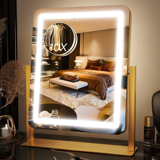VEIOBFSA 15" x13" Vanity Mirror with Lights, Makeup Mirror with Lights and 10X Magnification Lighted Makeup Mirror with 3 Color Modes ＆ Dimmables for Vanity Desk, Travel,Gold