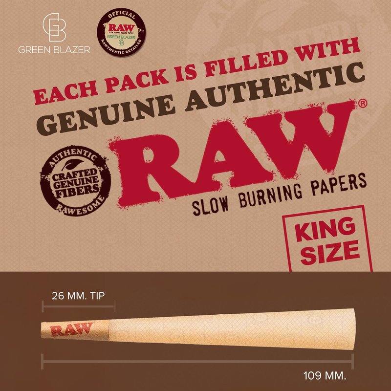 RAW Cones Classic King: 50 Pack Patented Slow Burning Cones Rolling Papers with Tips, All Natural RAW Paper, 109mm, Green Blazer Preroll Loader
