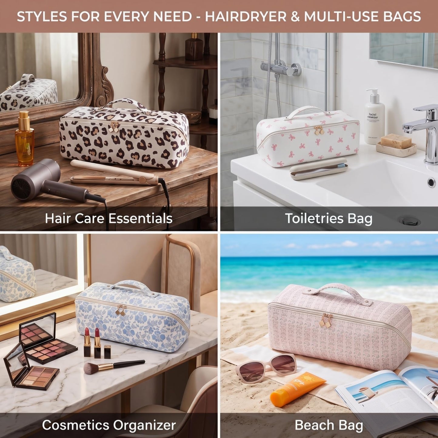 RSRSLEII Hair Tools Travel Bag, Waterproof Hair Styling Accessories Storage Case for Hair Dryer Straightener Curling Iron, Wide-open Hot Hair Tool Organizer with Dividers(01 Leopard)