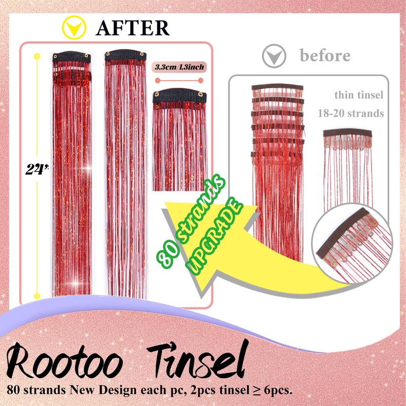 Hair Tinsel Kit - 12 Pcs Red Glitter Clip-In Extensions for Girls & Women | 24 Inch Festival Party Hair