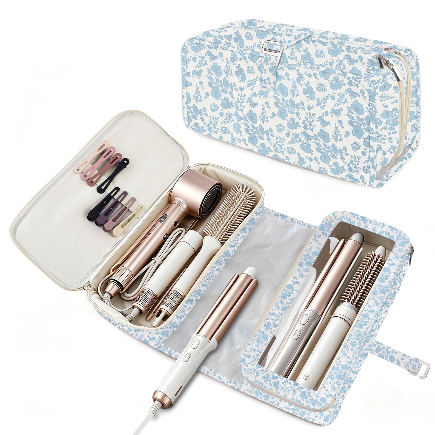 Hair Tools Travel Bag with Heat Resistant Mat Compatible with Shark Flexstyle, Cute Cotton Quilted Floral Hair Tools Travel Bag for Straightener, Curling Iron and Hair Dryer, Portable Organizer (Blue)