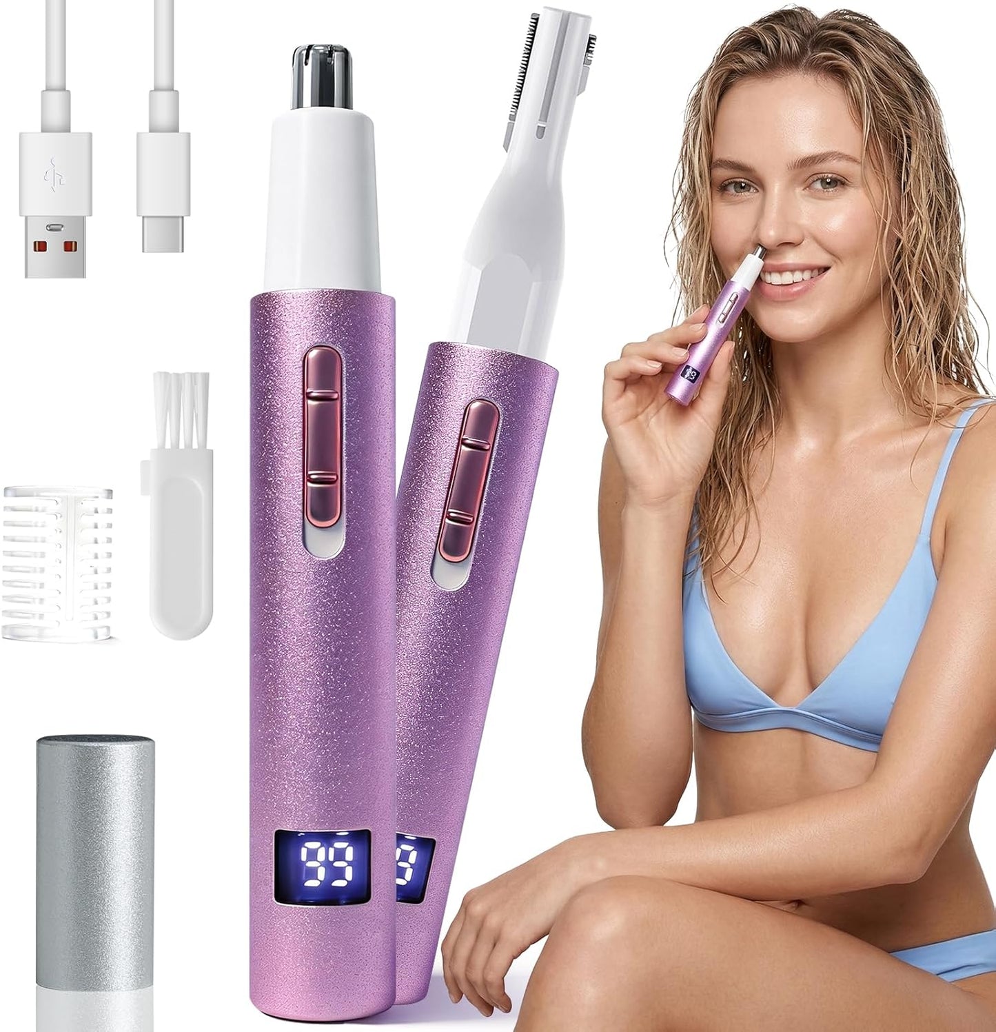 LED Display Eyebrow & Nose Hair Trimmer - Rechargeable 2 in 1 Painless Clipper for Men & Women | Easy Cleansing, Purple