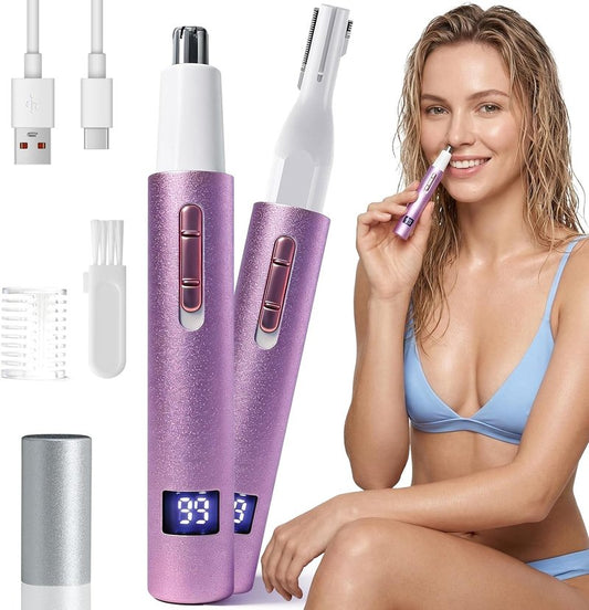 LED Display Eyebrow & Nose Hair Trimmer - Rechargeable 2 in 1 Painless Clipper for Men & Women | Easy Cleansing, Purple