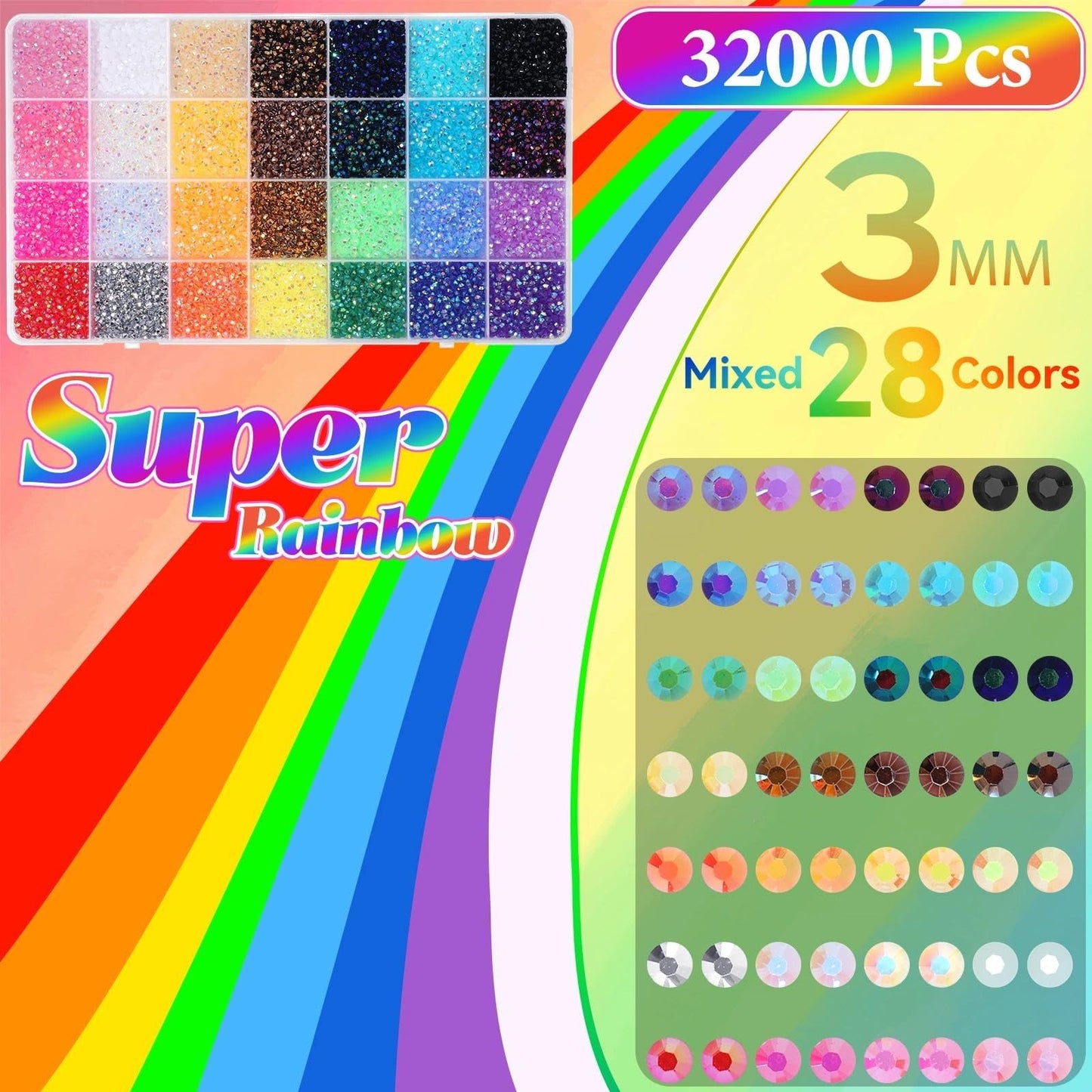 32000Pcs Rhinestones Bedazzling Kit with Tools, 3mm Color Resin Rhinestones for Bedazzling, Flatback Resin Gems for Crafts, Bedazzler Kit for Clothing Shoes DIY Face Makeup Tumblers