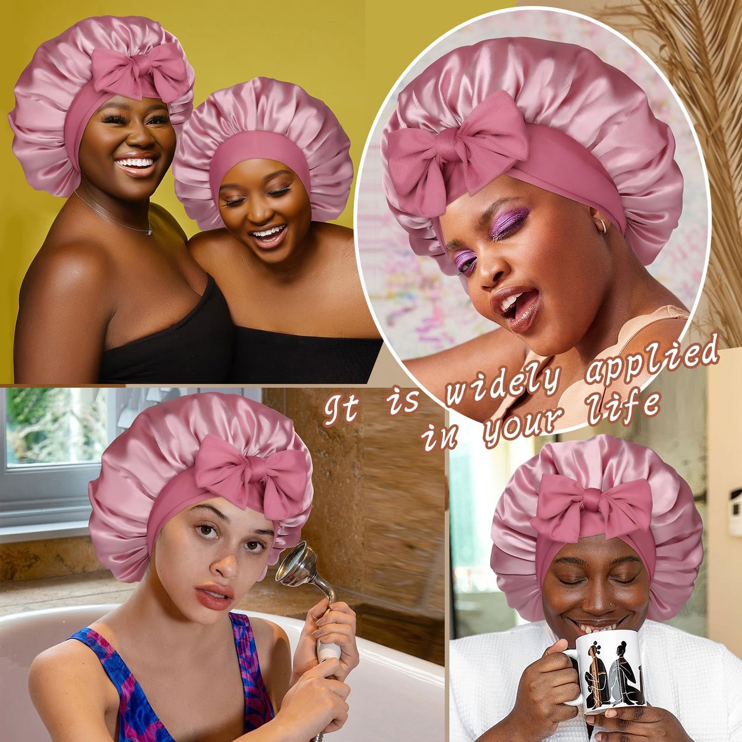 Satin Bonnet for Sleeping Cap Double Layer Hair Bonnet with Elastic Tie Band for Curly Hair Night Cap (Bean Paste + Pink)