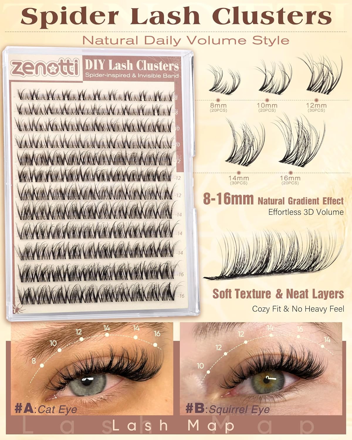 Natural Lash Clusters - Wispy Spider Eyelash Extensions | DIY Individual Lashes 8-16mm D Curly