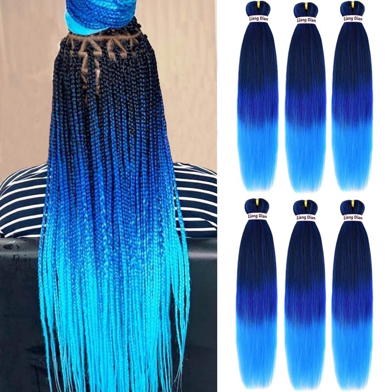 Pre-Stretched Braiding Hair - 22 Inch Synthetic Crochet Extensions | 6 Packs in Mixed Black, Dark Blue & Light Blue