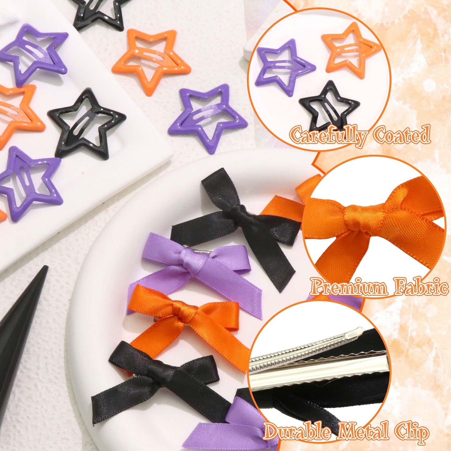 STGDAK 24 Pcs Halloween Hair Bows Ribbon Long Tailed Y2k Star Hair Clips Cute Girls Bows Black Purple Orange Bow Barrettes Mini Star Clip Gothic Halloween Hair Accessories For Girls Women Teens Party