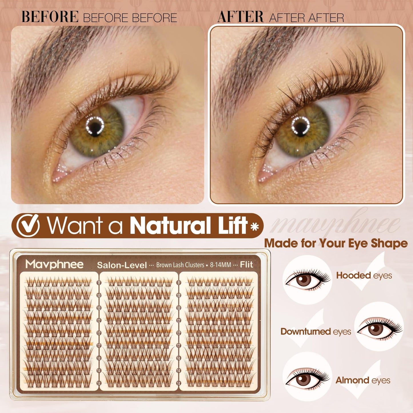 Brown Lash Clusters 8-14MM Wispy Natural Eyelash Extensions 216Pcs Short Dark Brown Cluster Lash Extensions C Curve Brown Band For Daily Wear, Natural Enhancement, Easy to Apply (Flit)