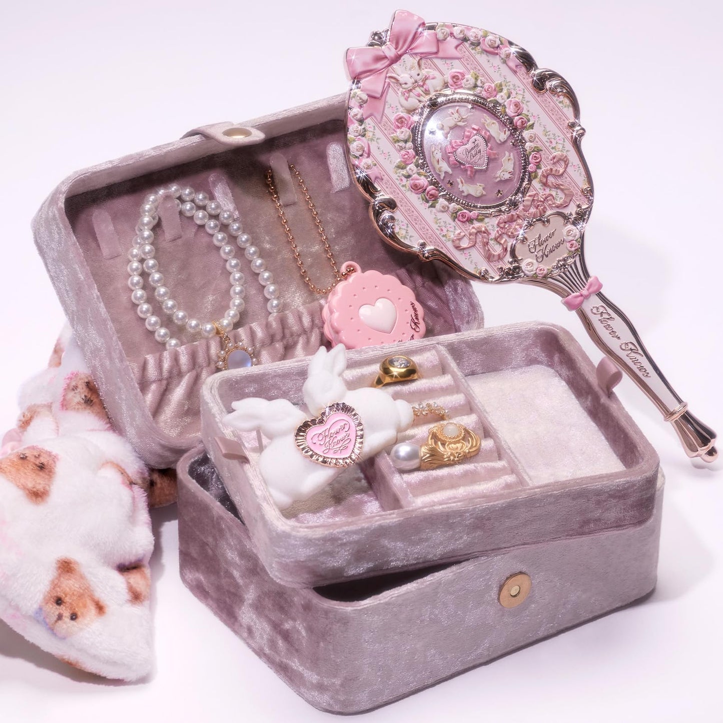 Flower Knows Bunny Garden Chromatic Harmony Gift Set, Violet Dream Bunny Theme, Collectible Violet 9-Piece Beauty Box with Lip Cream, Blush, Eyeshadow, Gel Eyeliner, Mirror & Tools