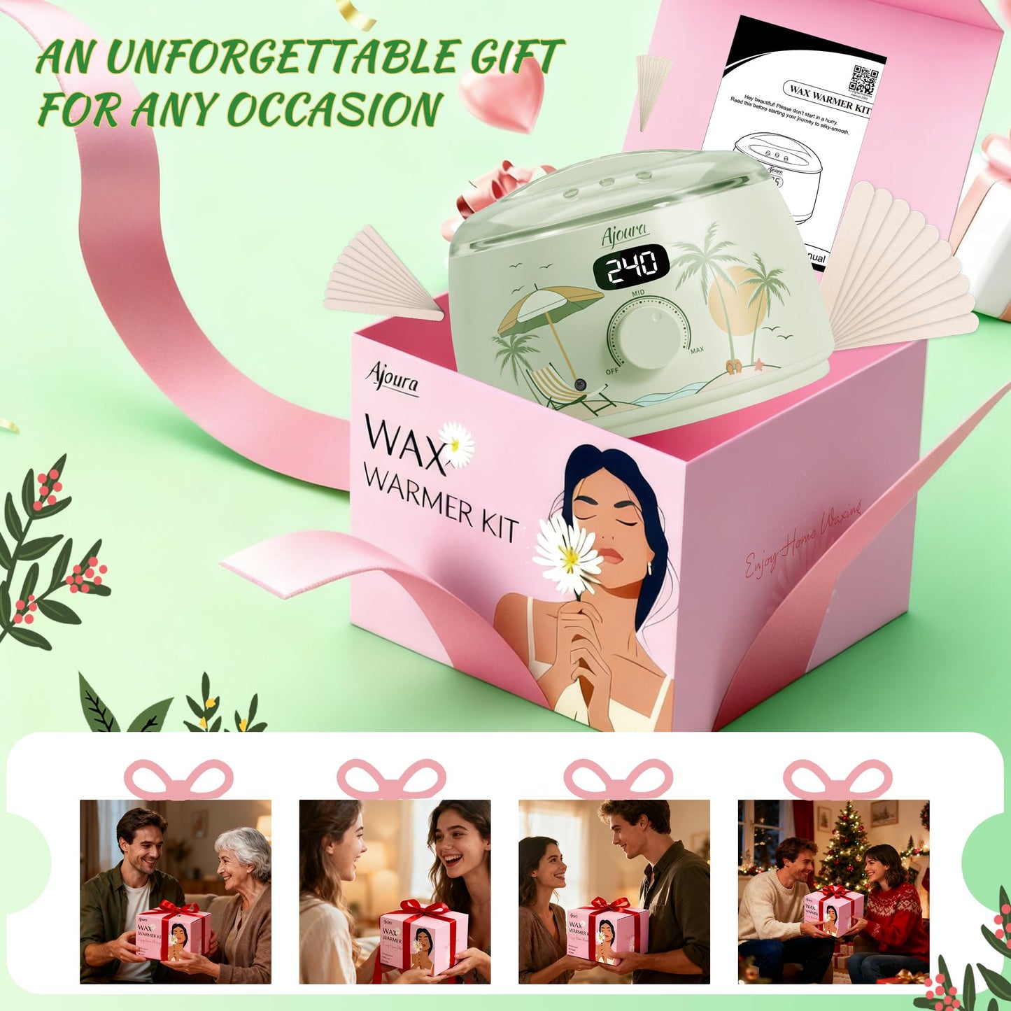Ajoura Home Wax Warmer Kit for Waxing, Brazilian Sensitive Skin Hair Removal ,Women Men, Eyebrows, Bikini, Face, Armpit, Legs
