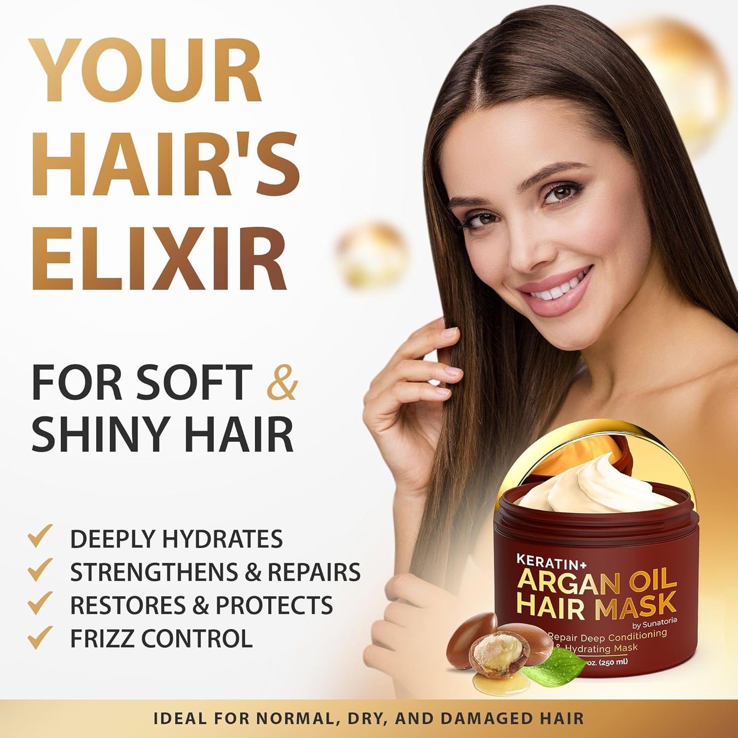 Argan Oil Hair Mask with Keratin - Deep Conditioning for Dry, Dull, Frizzy Hair | 8.5 Fl Oz