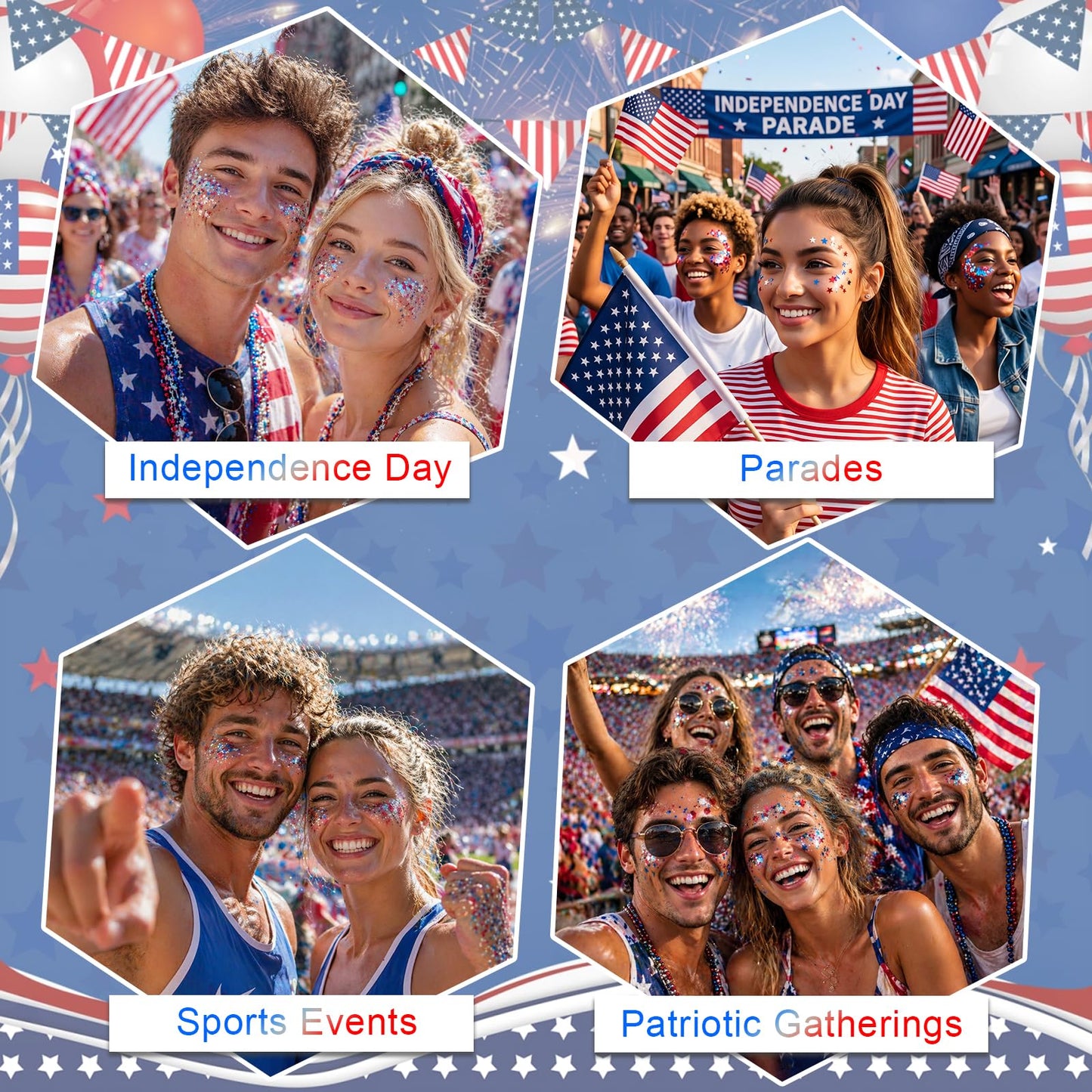 PASNOWFU Red White Blue Body Glitter Stick Hexagon, Shimmer Face Hair Glitter Waterproof Easy Clean for 4th of July Independence Day USA Accessories Outfits for Women Festival Parades Celebrations