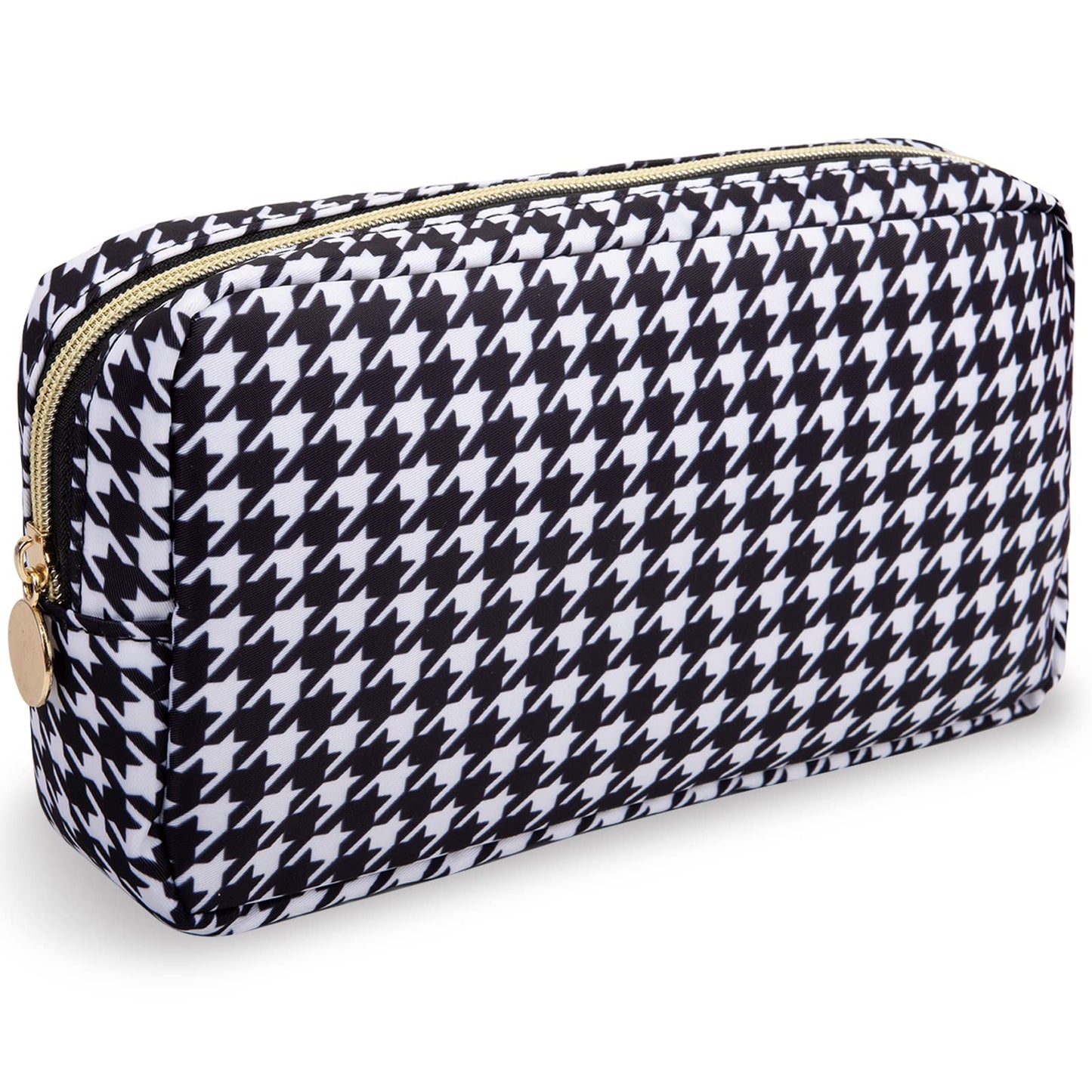 Nylon Small Makeup Bag for Purse, Cute Makeup Pouch Bag Preppy Cosmetic Zipper Pouch Purse, Portable Travel Toiletry Bag Clutch Makeup Brush Bag Organizer Storage for Ladies Girls(Black Houndstooth)