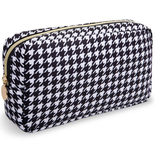 Nylon Small Makeup Bag for Purse, Cute Makeup Pouch Bag Preppy Cosmetic Zipper Pouch Purse, Portable Travel Toiletry Bag Clutch Makeup Brush Bag Organizer Storage for Ladies Girls(Black Houndstooth)