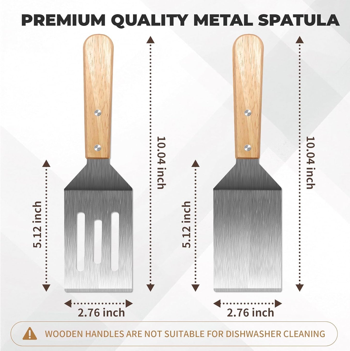 Stainless Steel Spatula Set - 2 Metal Spatulas with Wooden Handles for Cast Iron | Ideal for Frying Steak, Pancakes & More