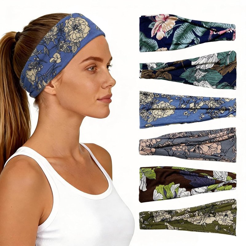 Floral Boho Headbands for Women - 6 Pack Elastic Non-Slip Hairbands | Comfortable Workout & Spa Accessories