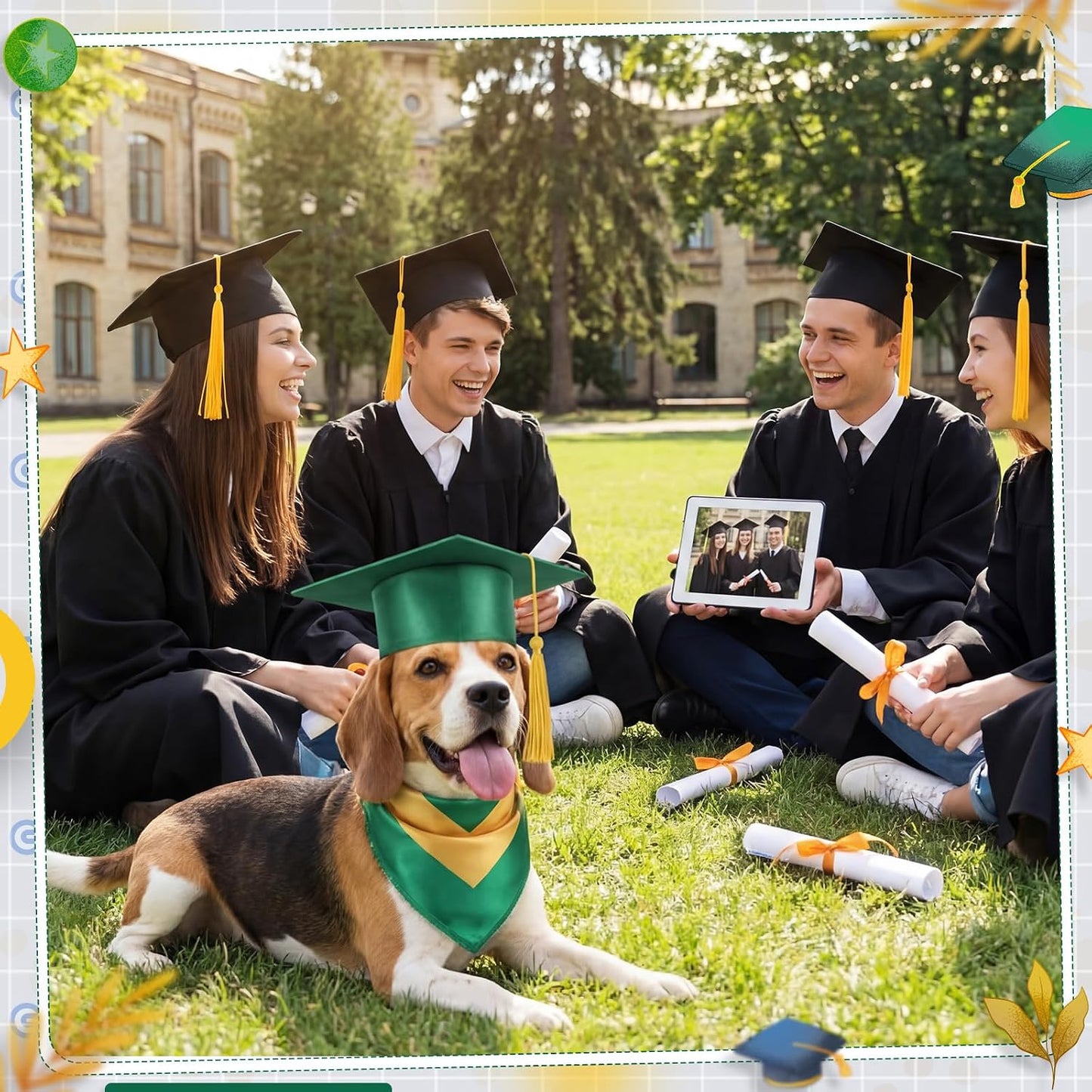Dog Graduation Cap and Bandana Costume Set - Adjustable, Washable Pet Outfits for 2026 | Yellow, Small