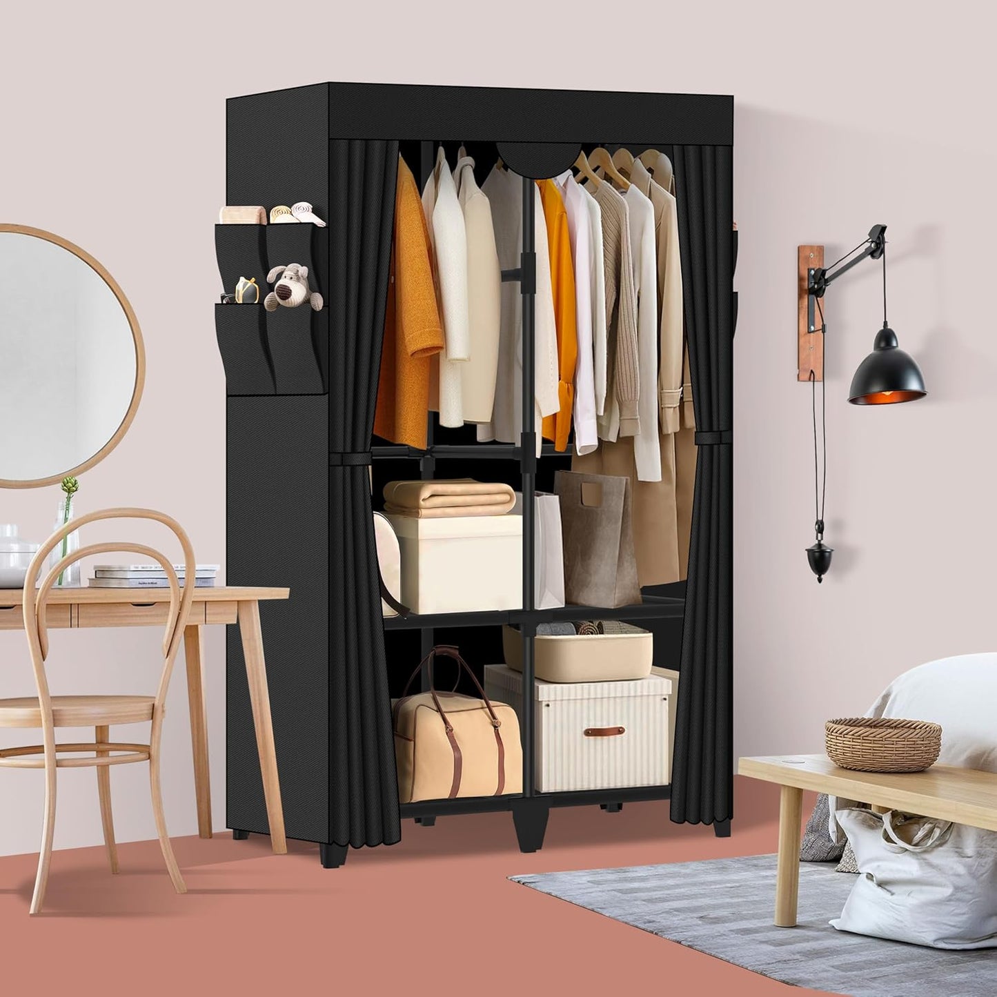 Portable Wardrobe Closet - Easy Assembly Black Clothes Rack with 2 Hanging Rods | 4 Shelves & 8 Pockets for Bedroom or Dorm