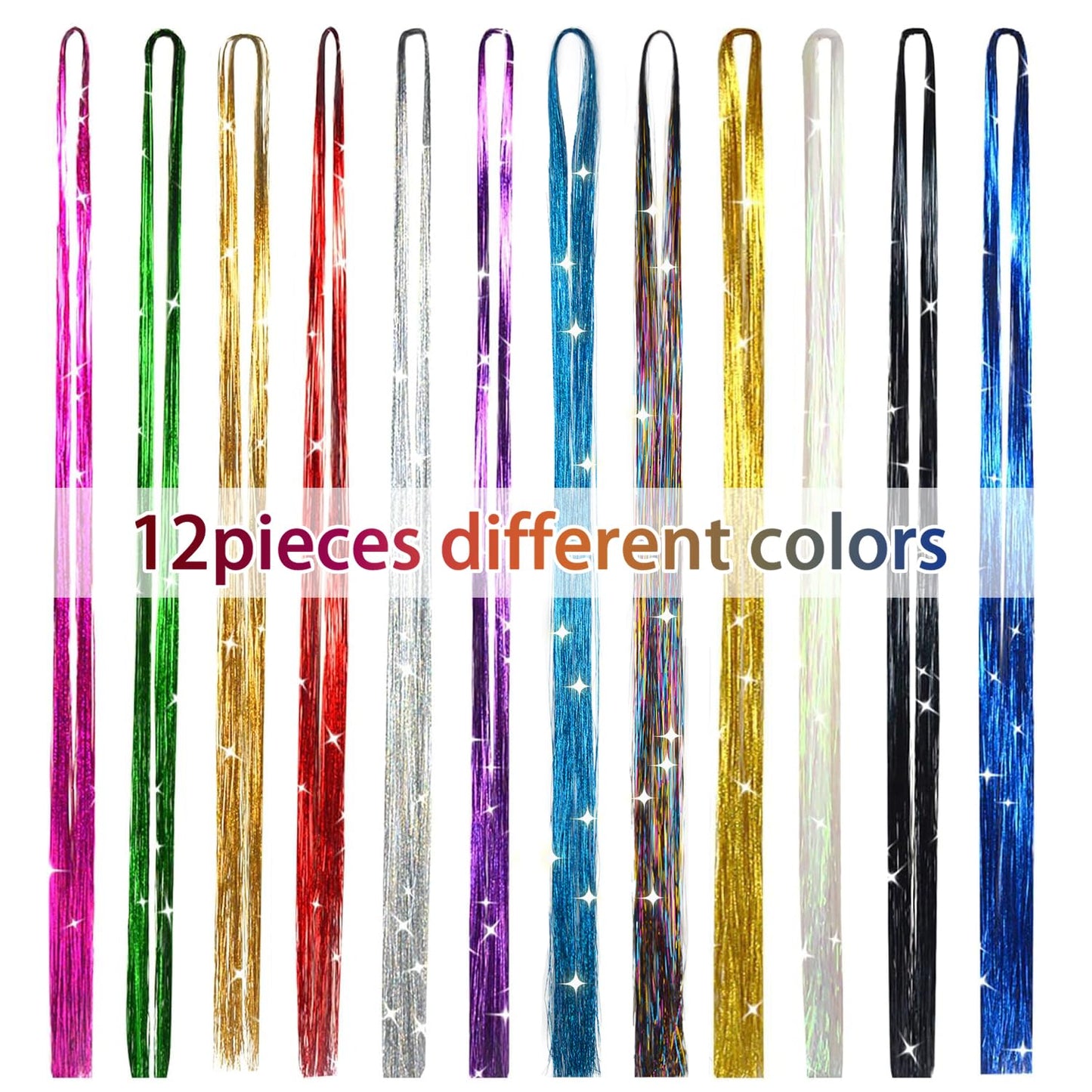 Colorful Glitter Hair Tinsel Set 47 Inch 12 Colors 2400 Strands, Shiny Fairy Hair Extensions with Tools for Women Girls Daily and Party Hairstyling