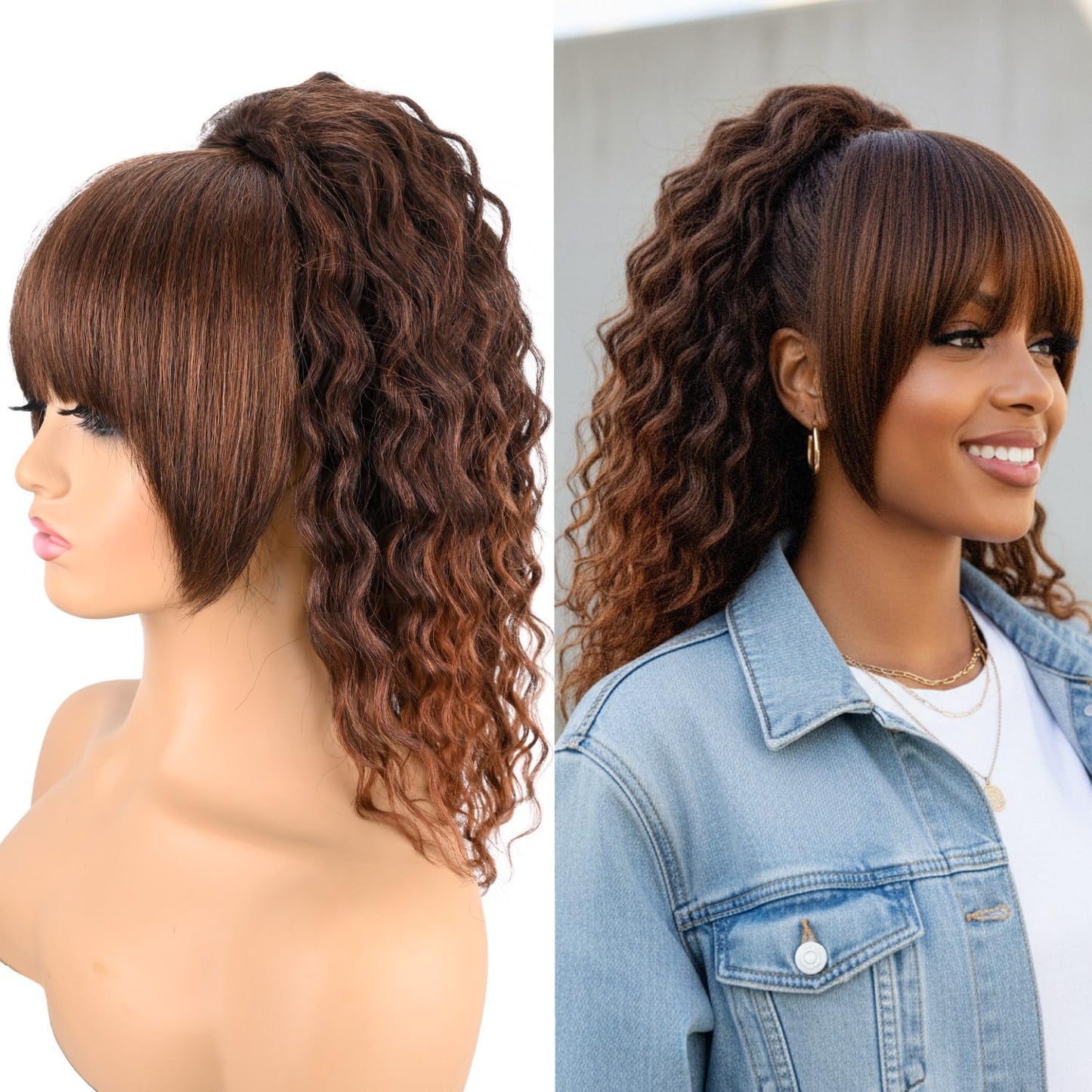 Ponytail Extension with Bangs - Yaki Curly 20 Inch Drawstring Hairpiece | Wavy Layered Synthetic Ponytail for Women