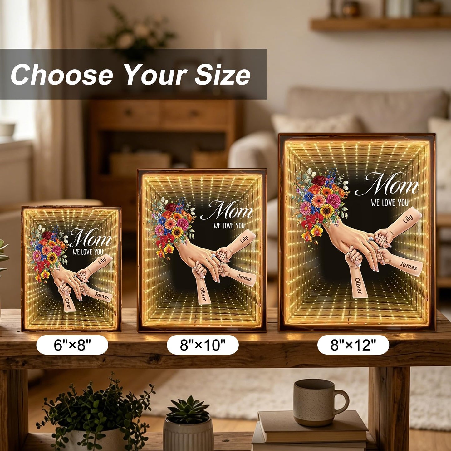 LogaPresent Hand in Hand Personalized Mom and Kids' Hands Mirror Light Custom Mommy Holding Hands Mirror with Kids Names for Mom Nana Grandma Mothers Day (Mirror Box-3)