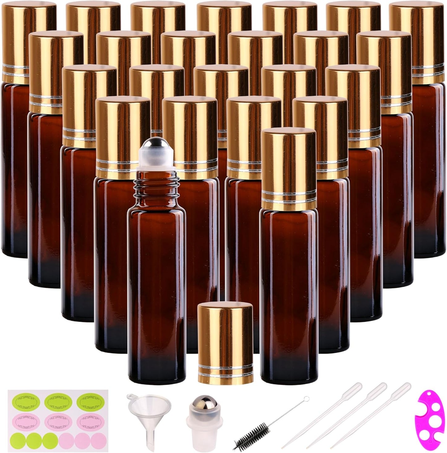 Amber Glass Roller Bottles for Essential Oils - 10ml with Stainless Steel Roller Balls & Aluminum Cap