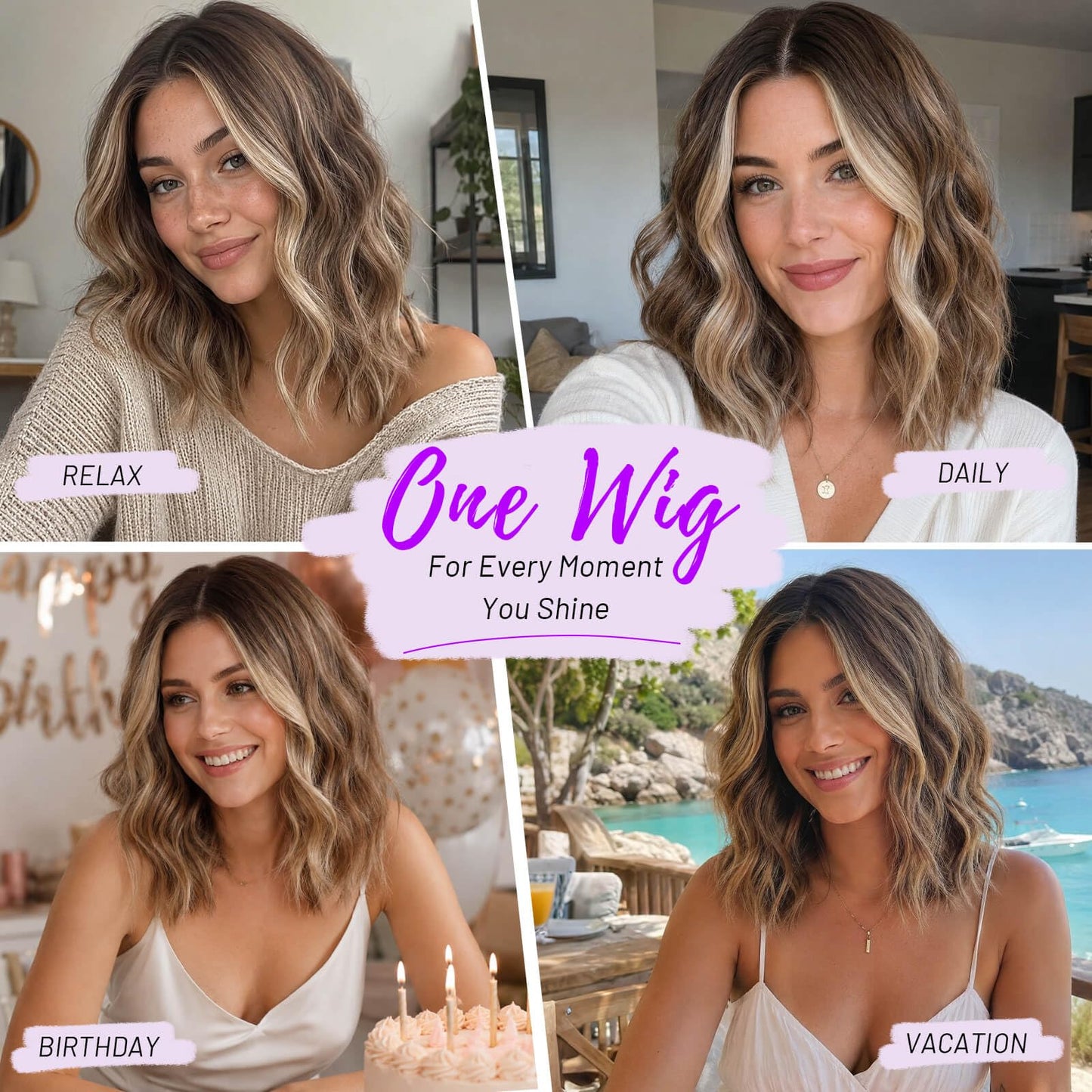 Eawwii Ombre Light Brown With Blonde Short Wavy Wig for Women Lace Hairline Bob Style Synthetic Heat Resistant - Natural Appearance for Everyday Hairstyle 14 Inch