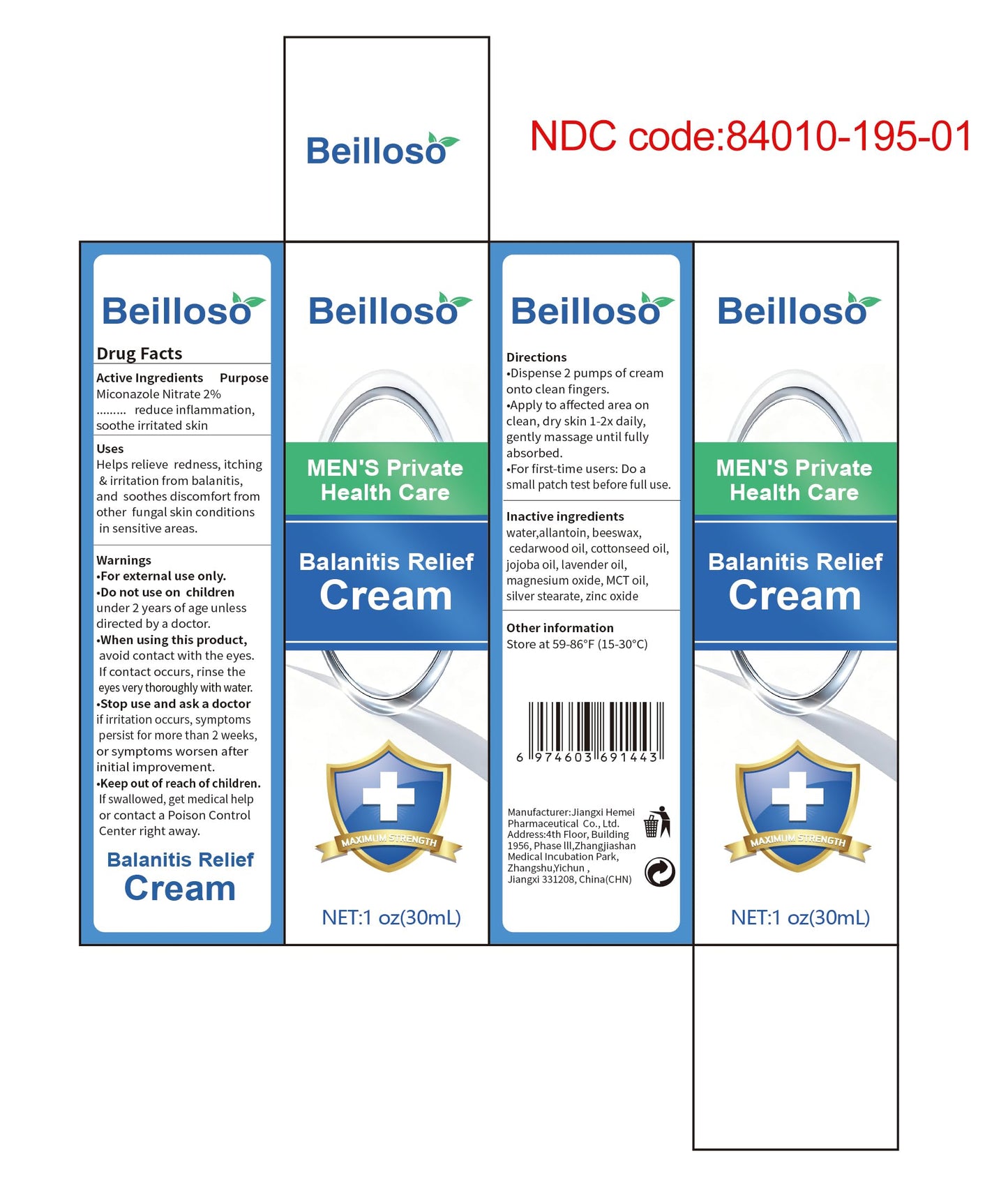 Beilloso Balanitis Treatment for Men, Miconazole Antifungal Cream， Effectively Relieves Jock Itch, Redness, Dryness, Irritation - Balanitis Gentle Care Cream（1oz）