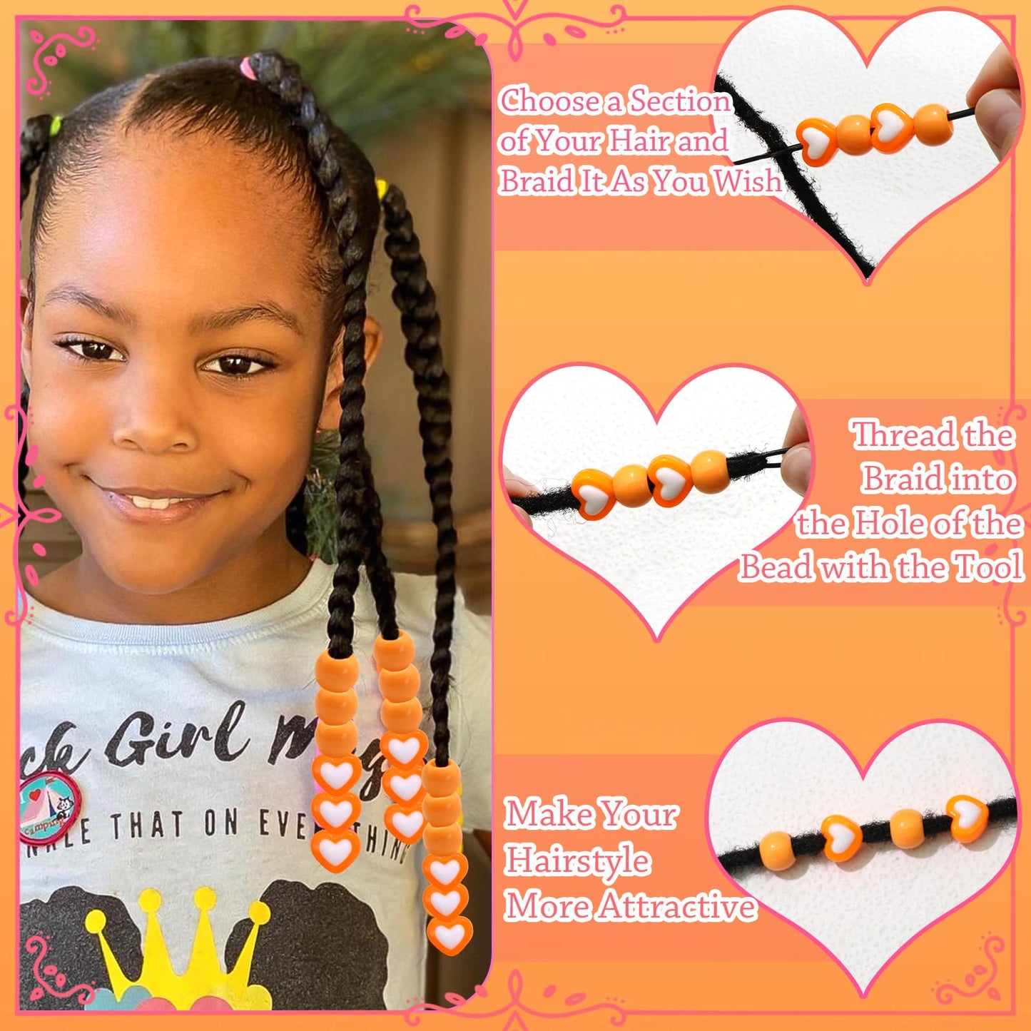 NAISKA 60PCS Orange Beads for Kids Girls Round Loc Dreadlock Beads Heart Shape Spacer Bead Acrylic Accessories for Party Decorate