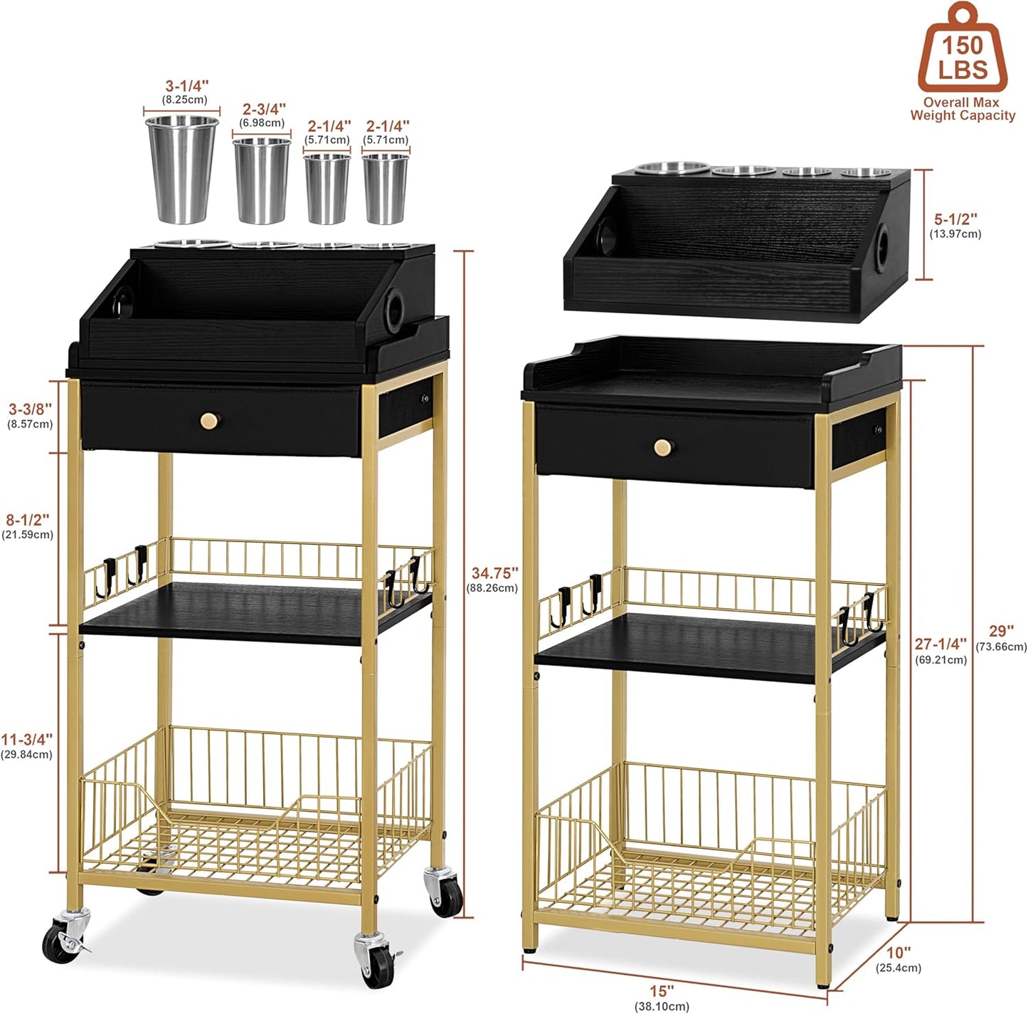Large Makeup Organizer Cart - Rolling Vanity Storage with Hair Tool Holder | Gold & Black, 2-in-1 Design
