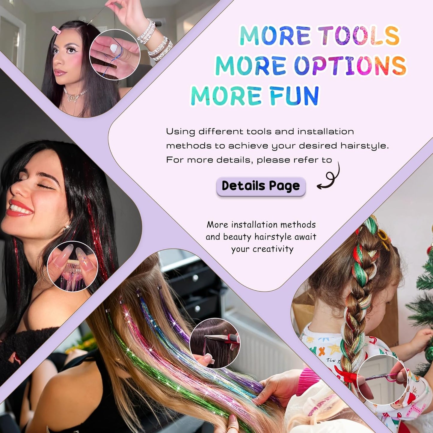 Hair Tinsel Kit - 18 Colors Heat Resistant Glitter Extensions for Teens | 48 Inches