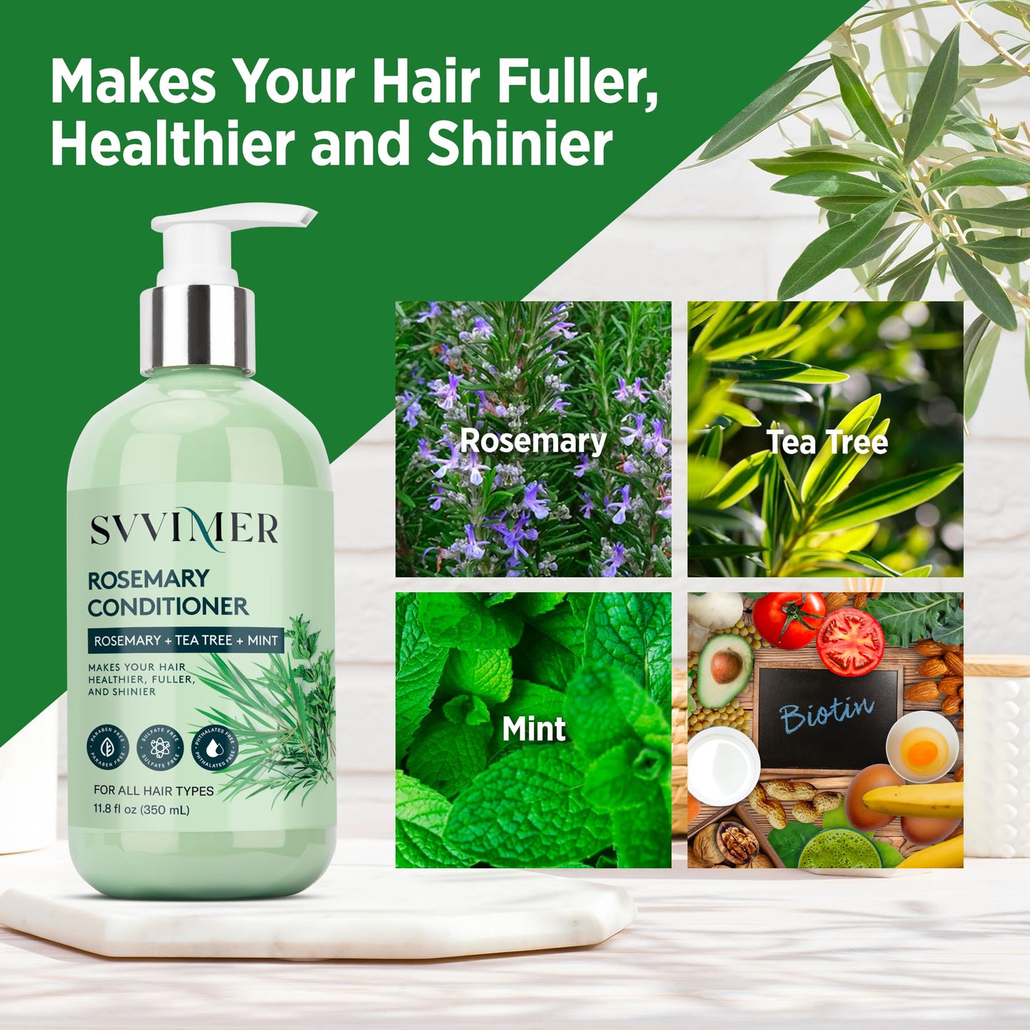 Svvimer Rosemary Hair Thickening Conditioner: Thickening Moisturizing Product with Biotin for Women Men - for Damaged Dry Thinning Hair 11.8 fl.oz