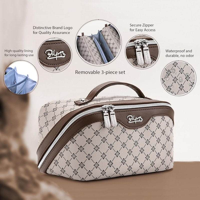 Travel Makeup Bag Set - Large Capacity Vegan Leather Cosmetic Organizer with Handle | 3 Pcs Khaki