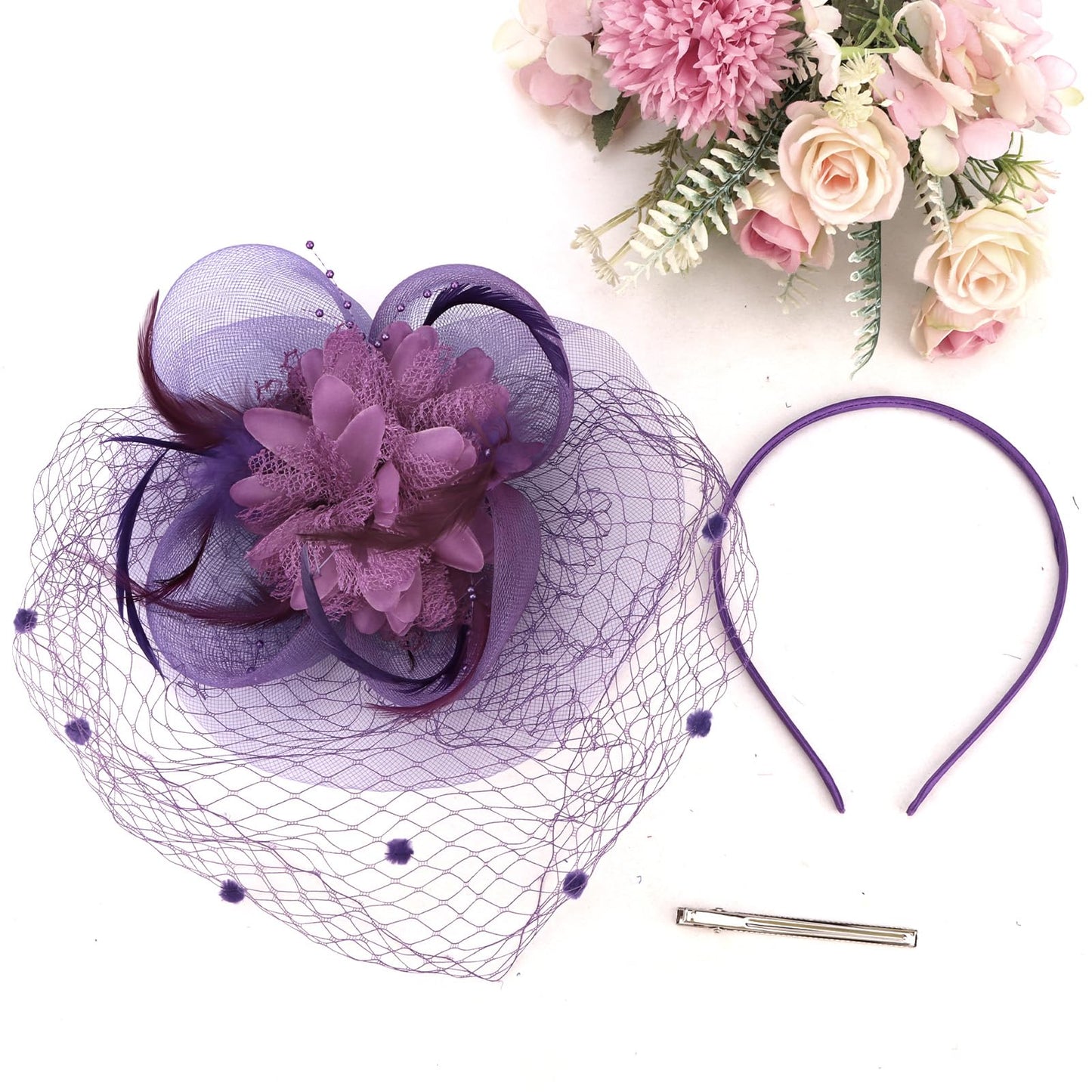 Semato Fascinators Hats for Women Mesh Feathers Elegant Purple Tea Party Kentucky Hat Derby Headband with Hair Clip