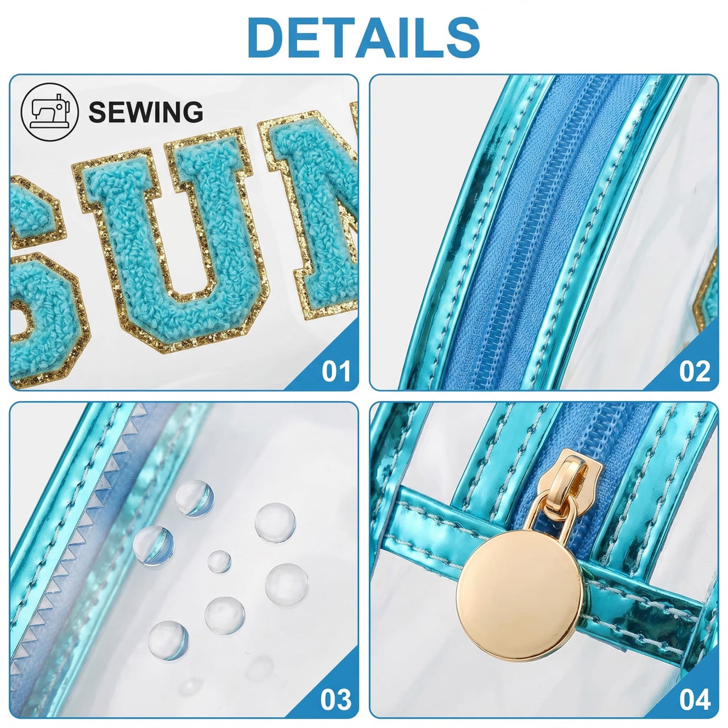 NOVAHAUS Clear Sunscreen Bag Makeup Toiletry Pouch, Waterproof Travel Cosmetic Organizer for Beach Pool Vacation, Transparent Sunscreen Bags with Blue Design for Women Teen Girls