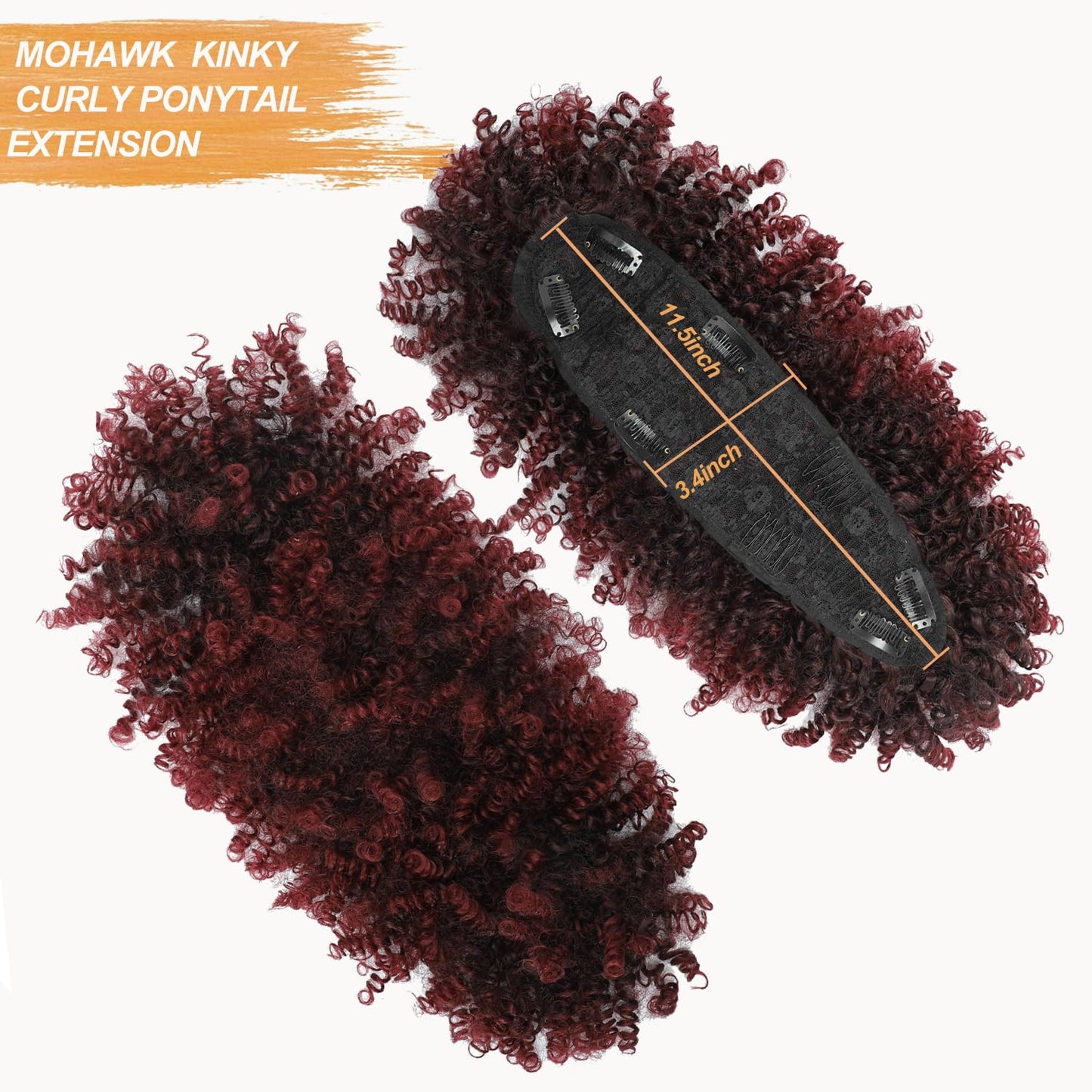 Mohawk Wig Kinky Curly Red Ponytail Extension with Bangs,Short Burgundy Mix Black Curly Synthetic Clip in Mohawk Ponytail with Six Clips and Two Combs Fluffy Red Hair for Daily Party Use 1B/BUG