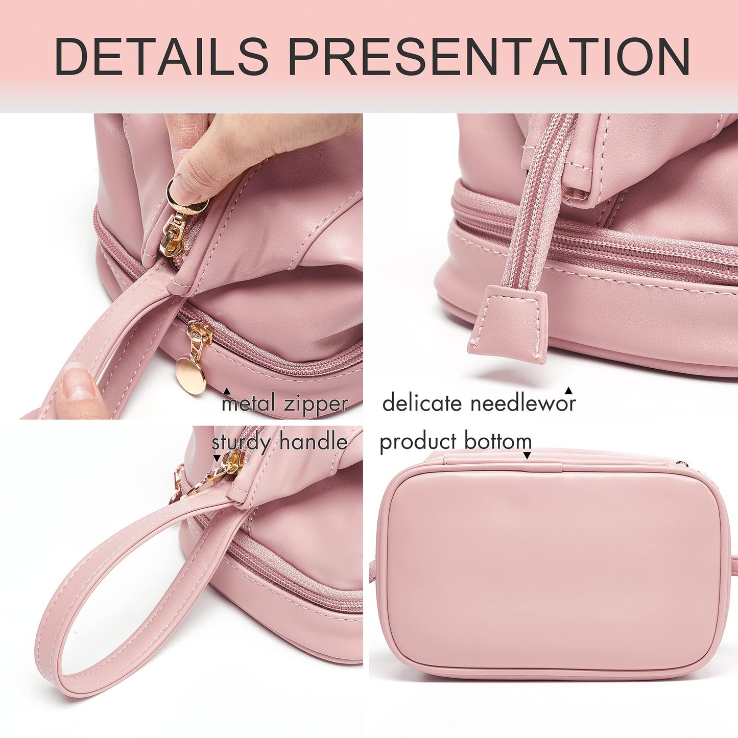 YOMOSPACE Large Makeup Bag, Double Layer Cosmetic Bag, Leather Make Up Bag with Brush Organizer, Portable Travel Makeup Bag, Makeup Organizer Bag Toiletry Bag for Women and Girls (Pink)