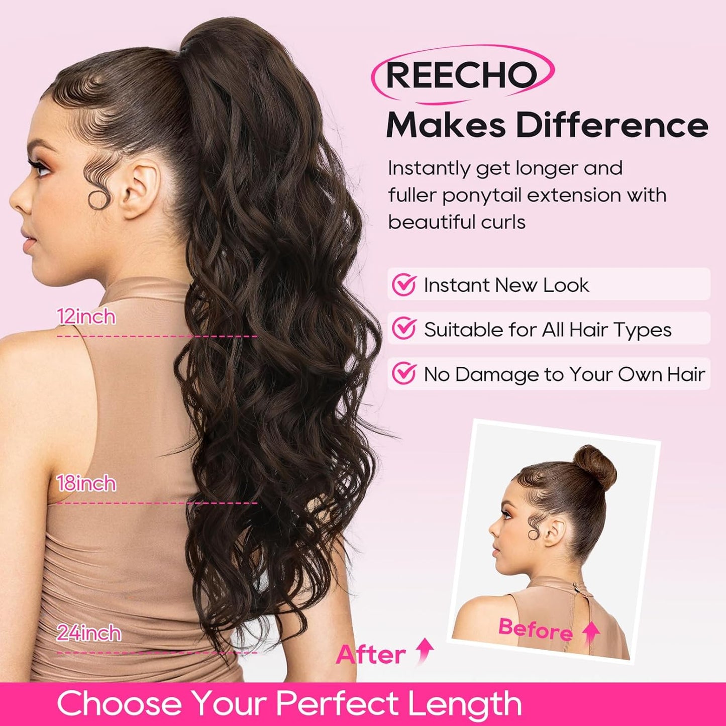 REECHO Ponytail Extension - 12" Claw Clip Short Hair Extension | Natural Synthetic Hairpiece in Chocolate Brown with Highlights