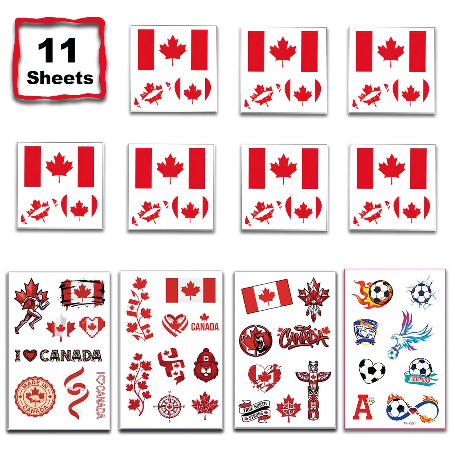 Canada Flag Temporary Tattoos for Sports Events | 11 Sheets- Waterproof Face Tattoos for Football Fans | Tattoo Stickers for Football Matches & Game Day Celebrations